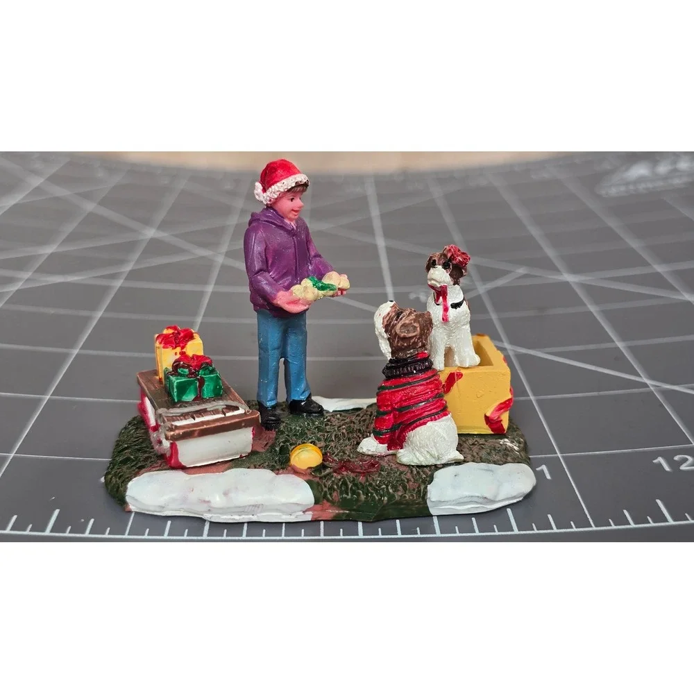 Christmas Village Miniature Figurine Person with Dogs Sled and Gifts Holiday